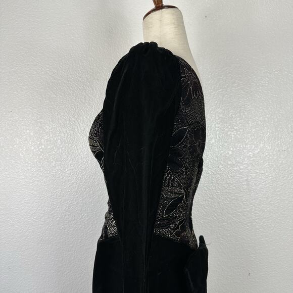 Vintage Jessica McClintock Dress Women Size 4 Black Velvet Metallic Formal Party - Picture 9 of 15
